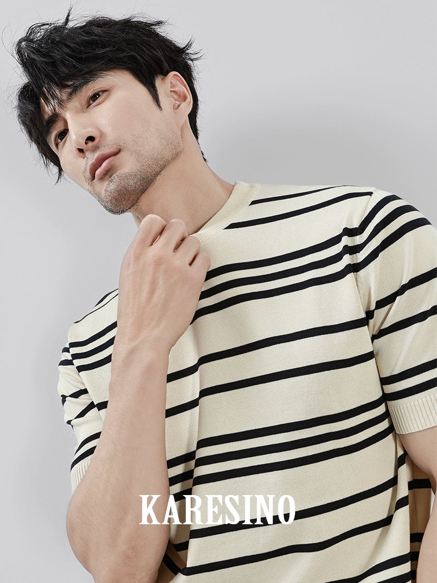 KARESINO Ice Silk Breathable, Striped Crew Neck Casual Tee