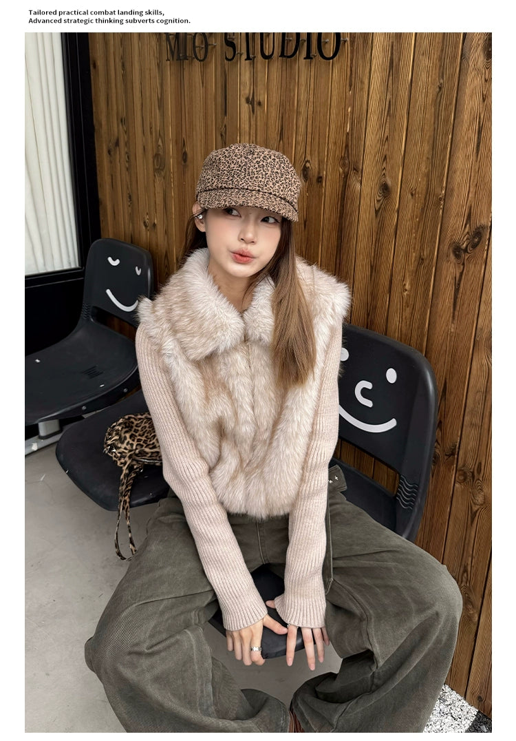 Mershier Vintage Loose Warm Knitted Spliced Fluffy Jacket
