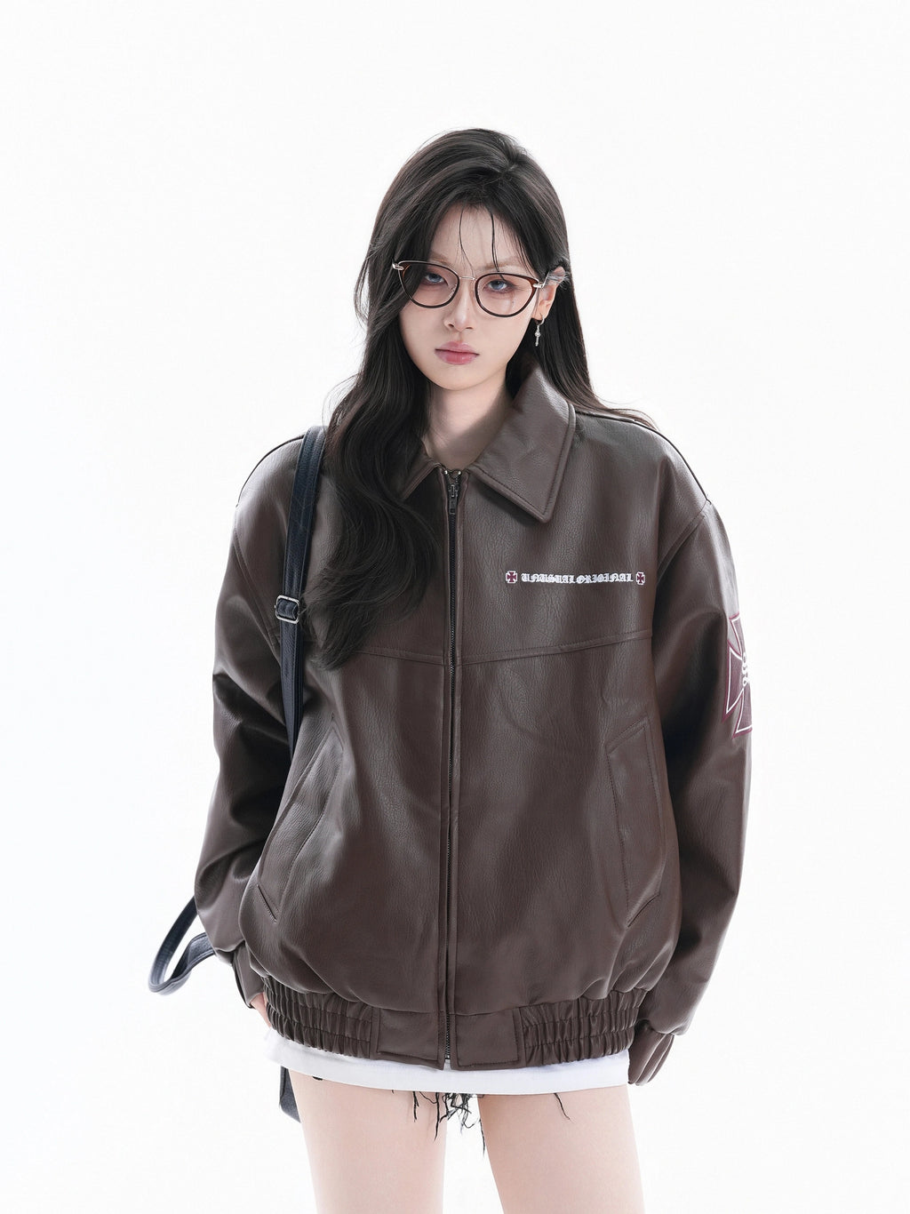 Zuocisankon Vintage Embroidered Pu Leather Jacket