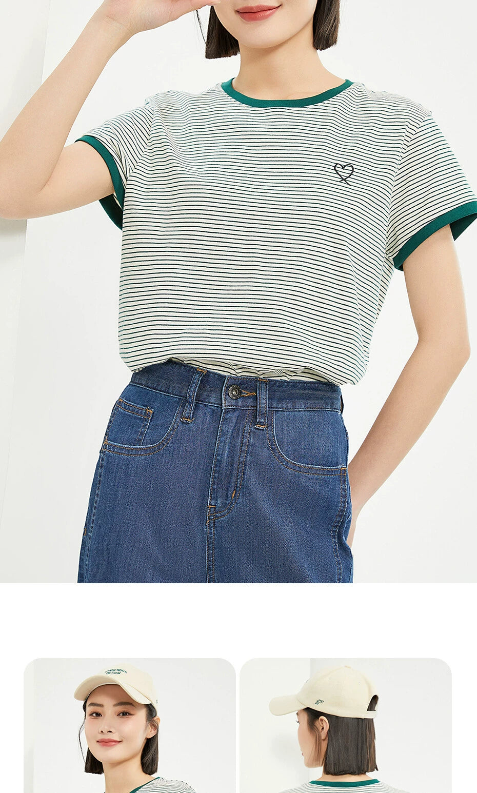 Giordano Nautical Heart Embroidery Striped Crew Neck Tee