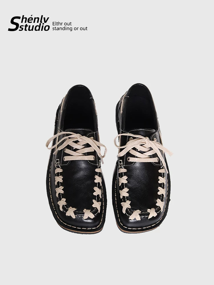 SHENLV STUDIO Cross-strap Square-head Flat-soled Leather Shoes