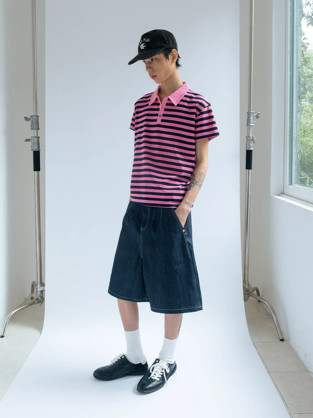 FUNKYFUN Fleece Contrasting Buckle Striped Lapel Polo Shirt