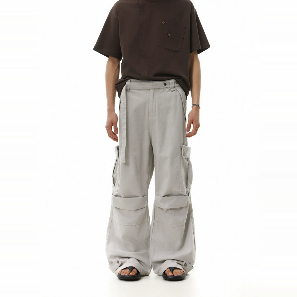 BTSG Pleated Straps Three-dimensional Multi-pocket Tooling Wide-leg Pants