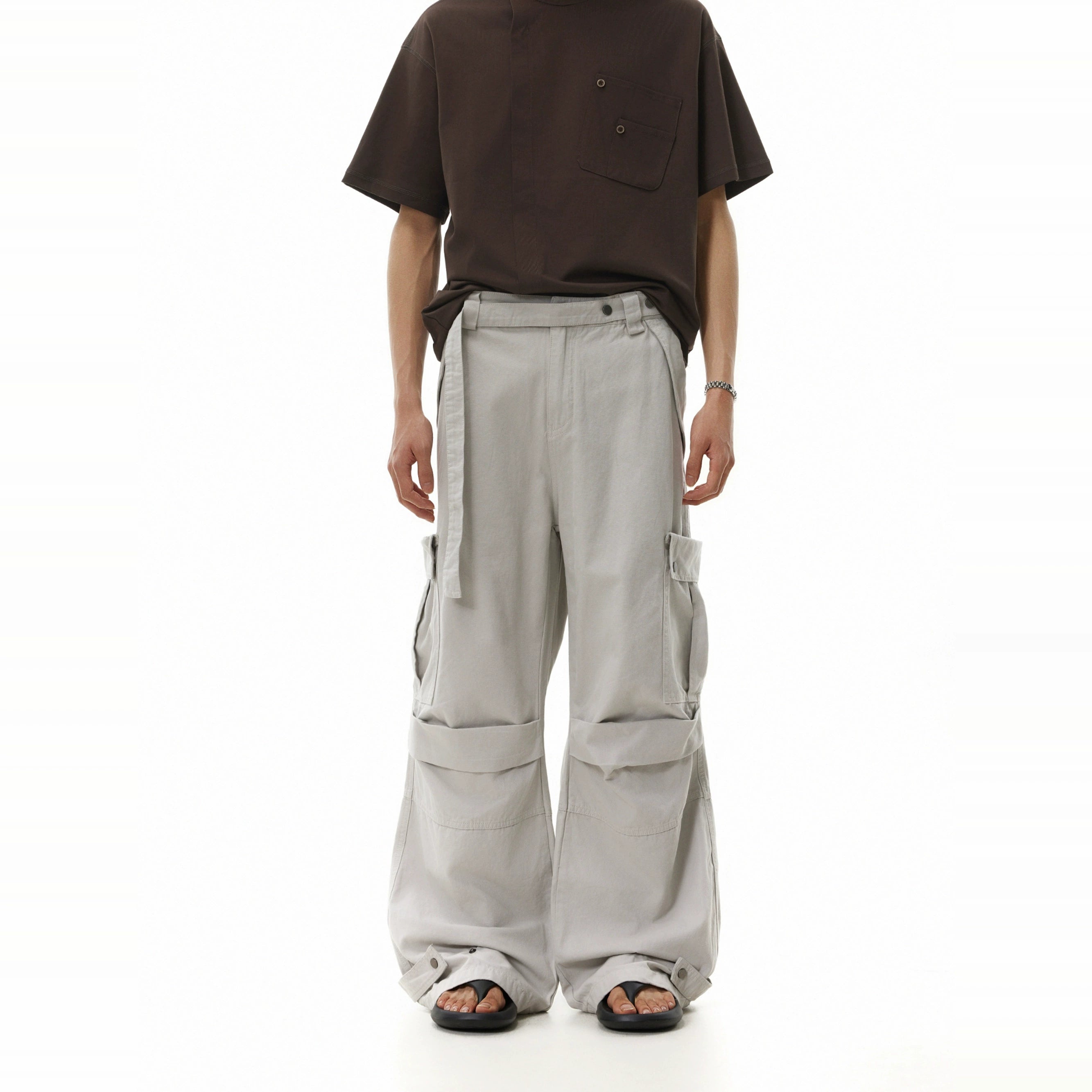 BTSG Pleated Straps Three-dimensional Multi-pocket Tooling Wide-leg Pants