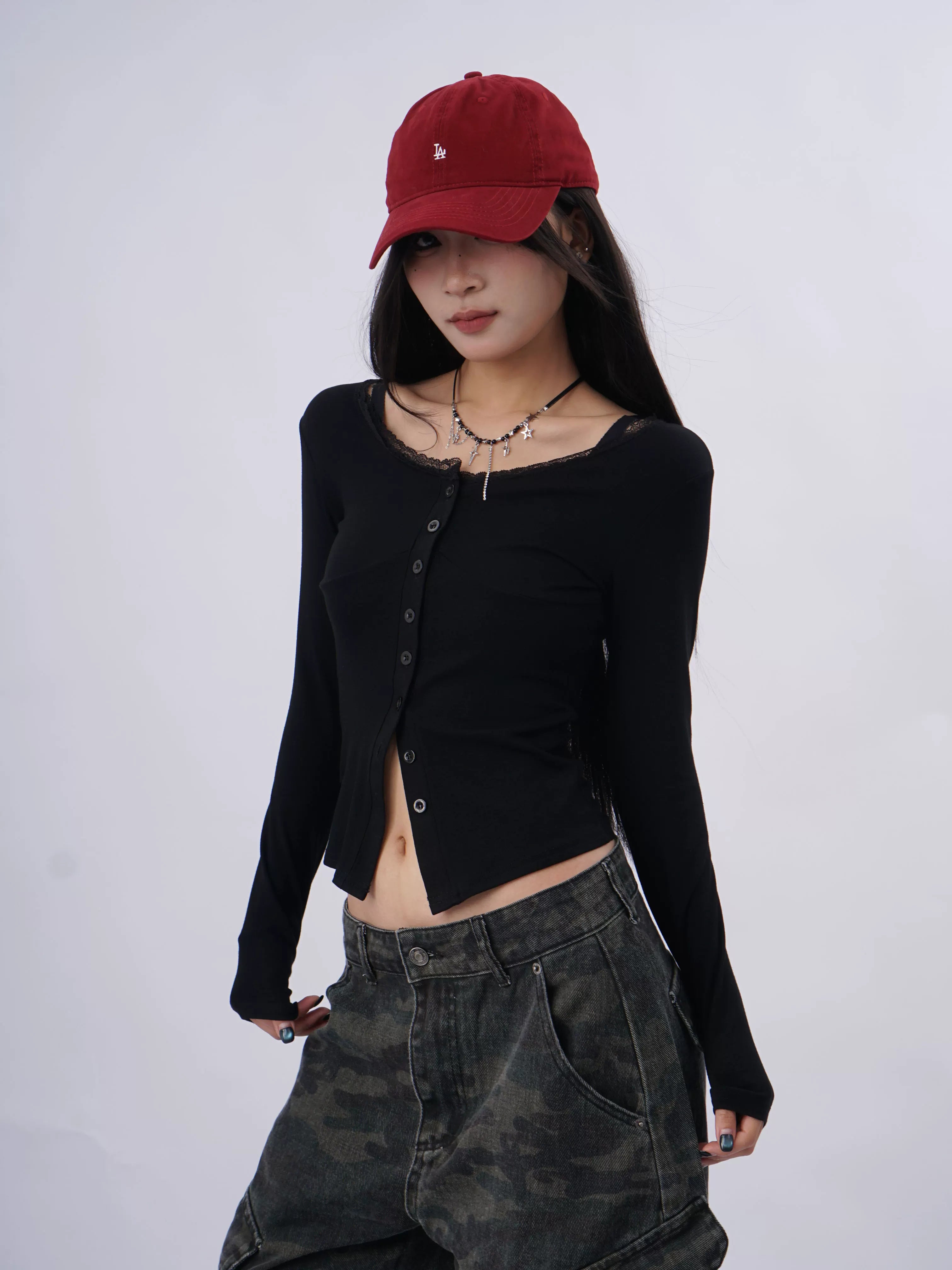 SAMUSAN Lace Stitching Slim Slim Long Sleeves