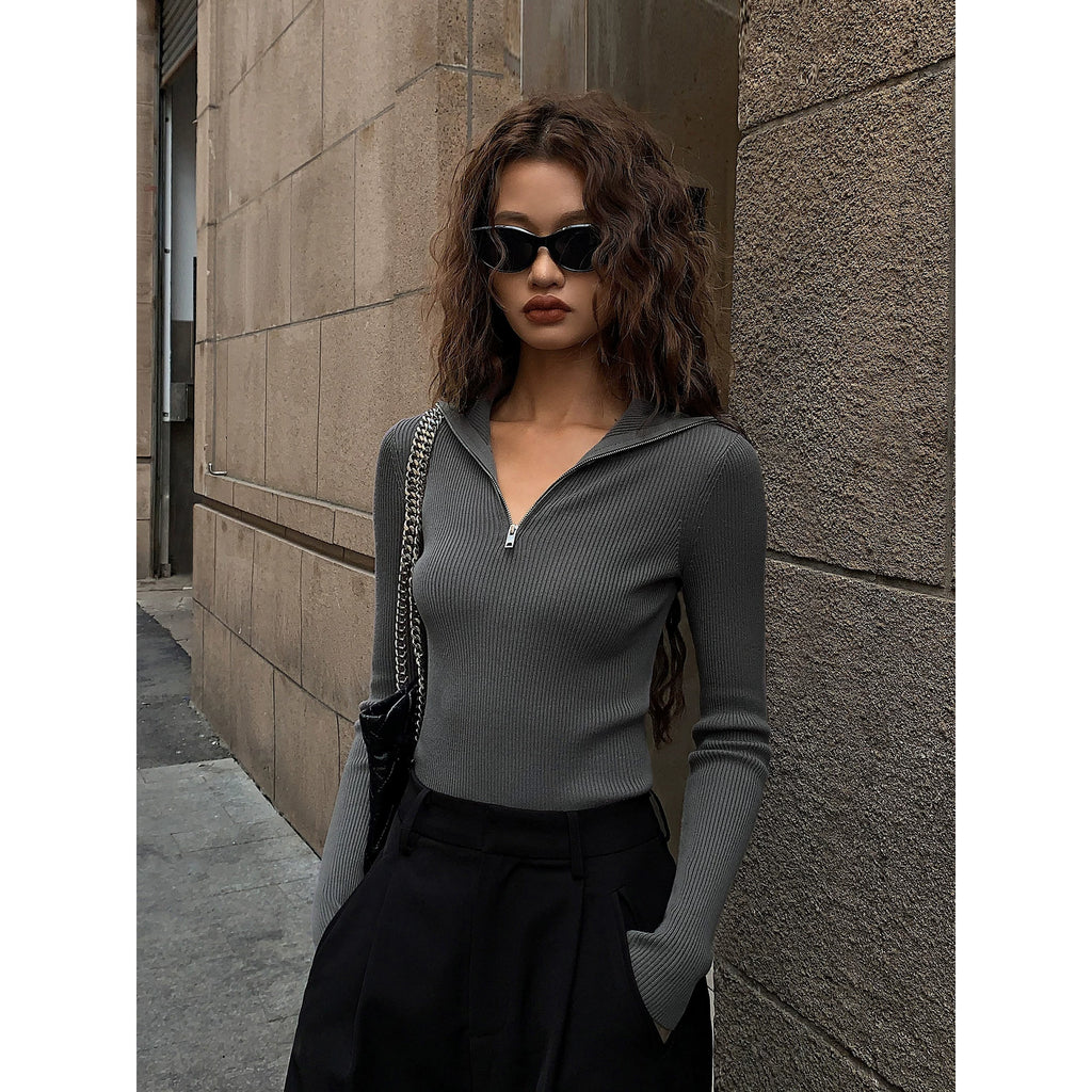 OUSPH Slim-fit Polo Neck Zipper Long-sleeved Knitted Sweater