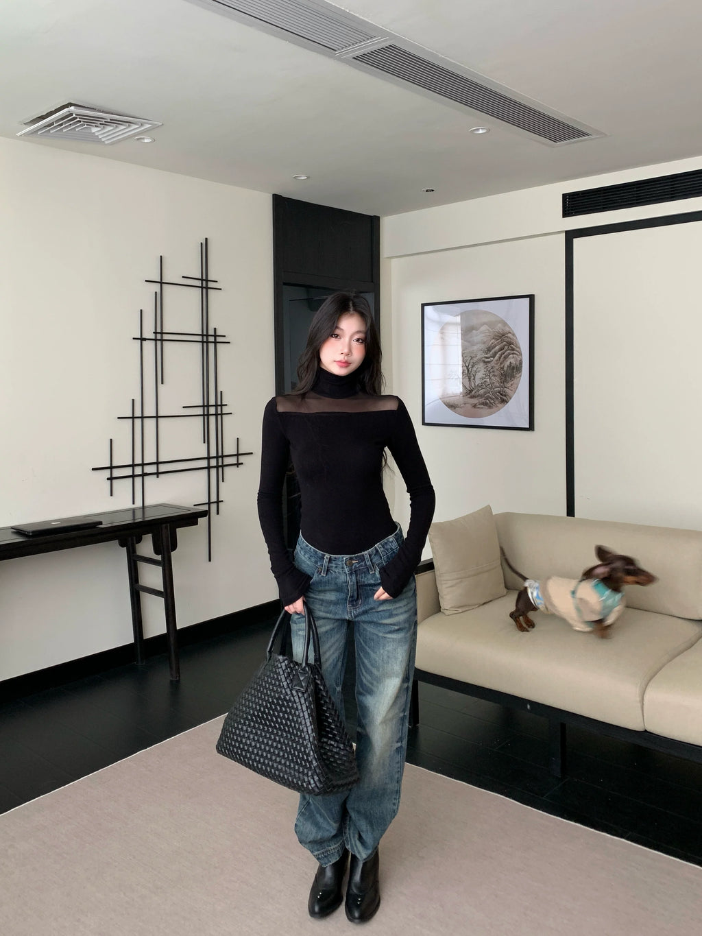 WITHMIN Semi-turtleneck Hollow Slim Bottom Long Sleeve