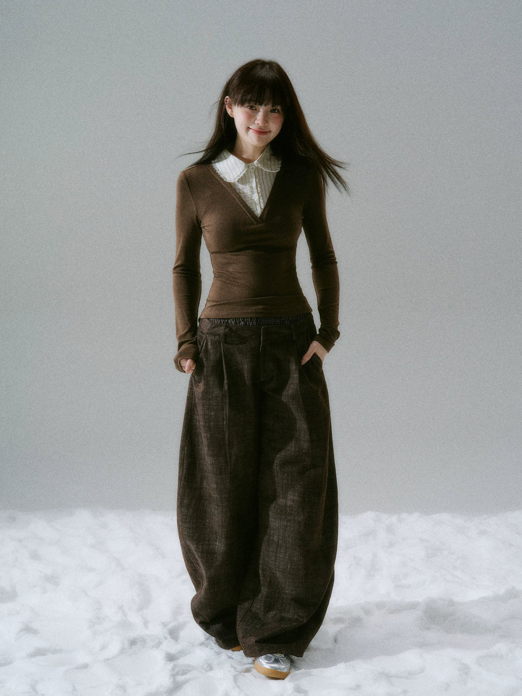 LOST FOREST Splicing Doll Crew Neck Lace Stretch Long Sleeve