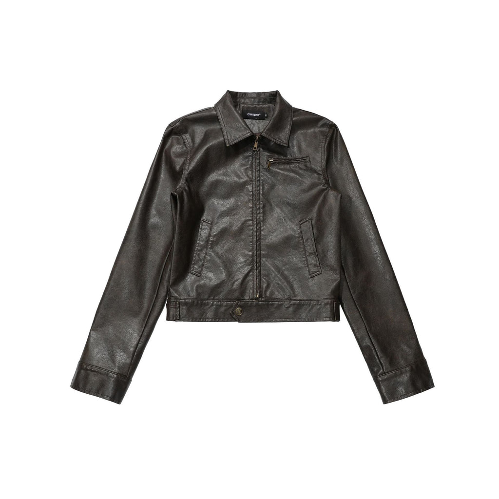 CHANYOOU Retro Lapel Short Leather Jacket