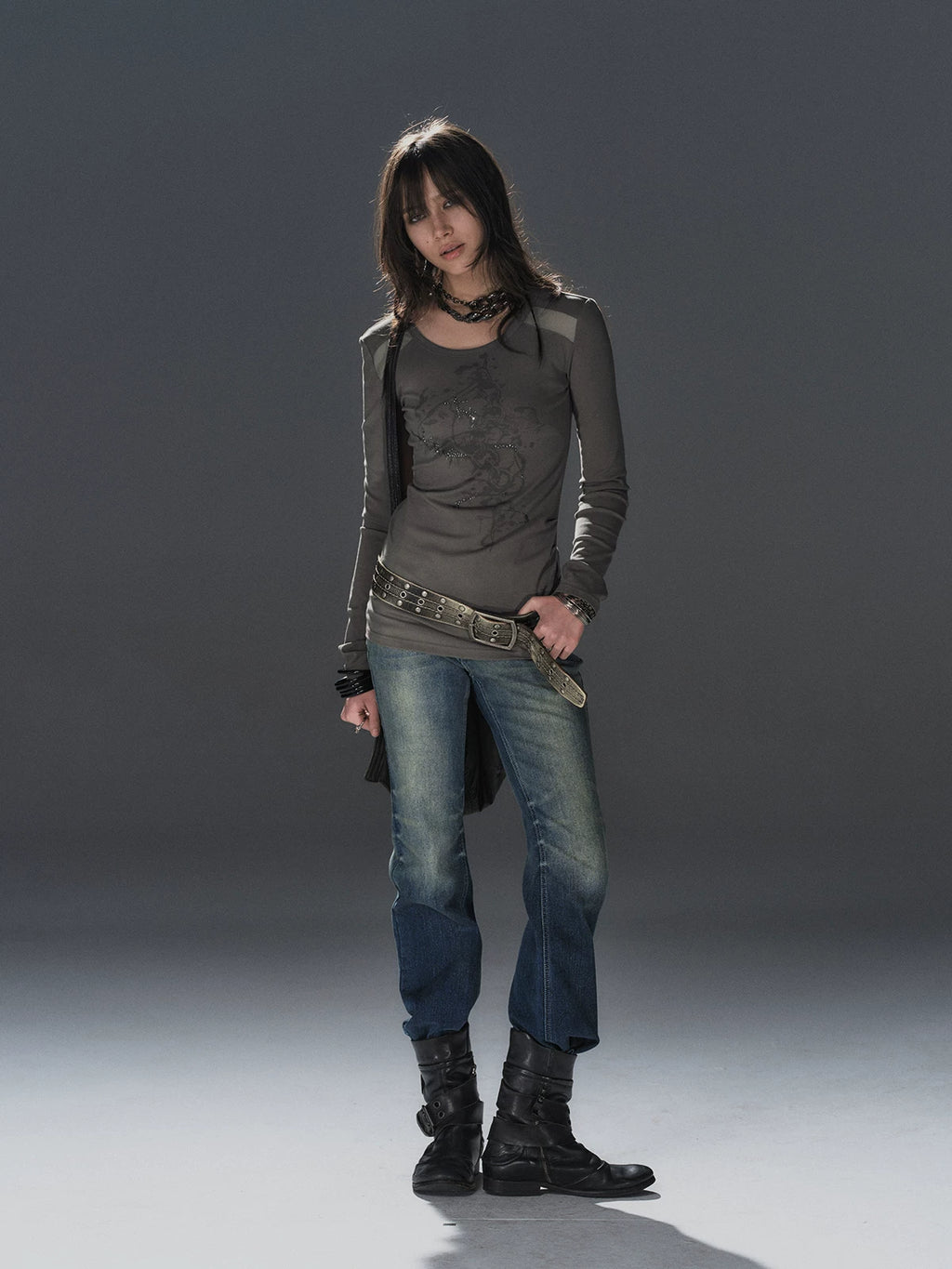 WearAndtear Mesh Stitching Round Neck Flash Diamond Slim Long Sleeve