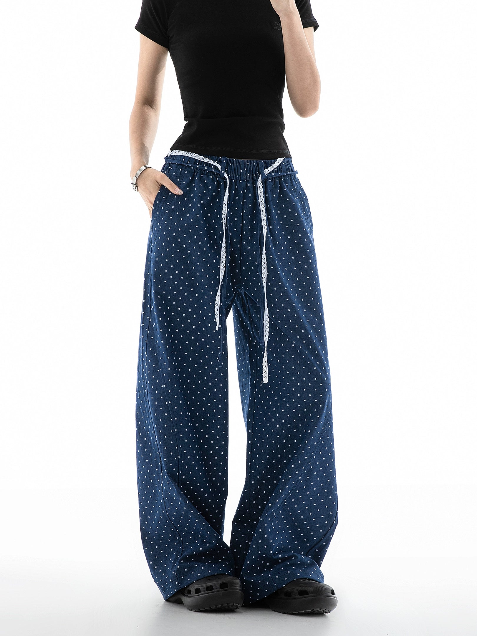 ICH MODE Vintage Star Straight Elastic Waist Wide Leg Pants