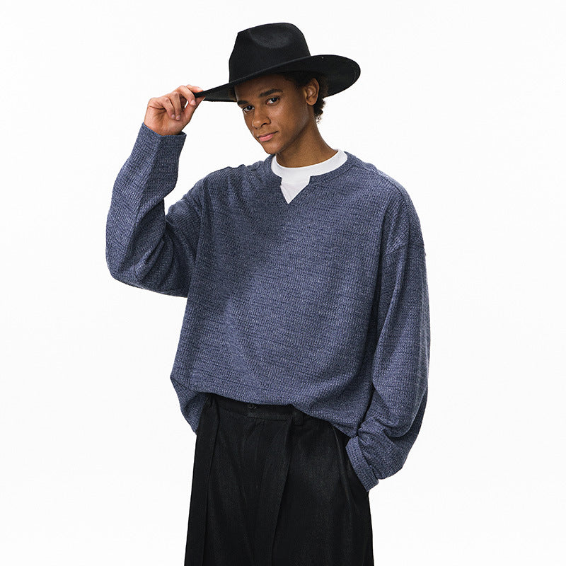 Inflation Waffle Open Neck Loose Long Sleeve