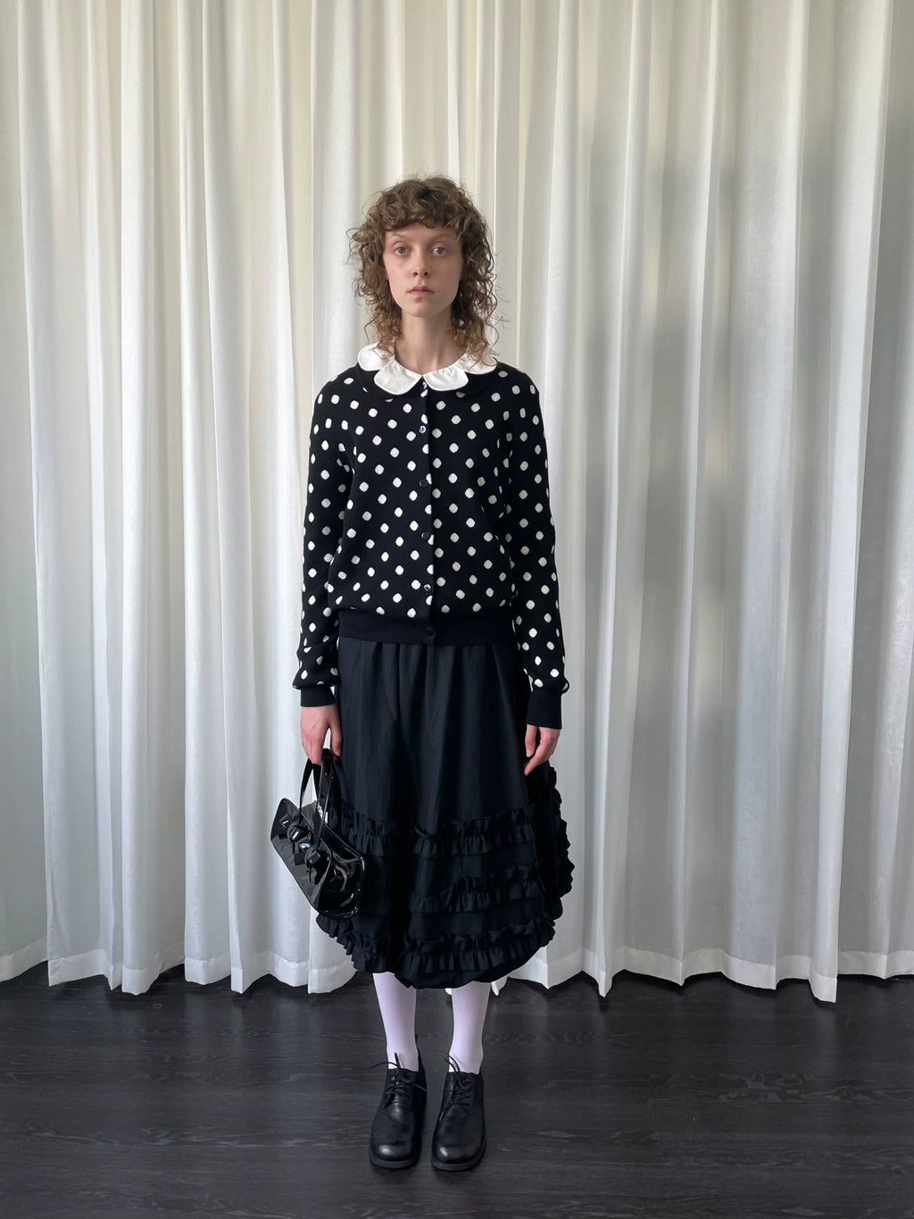 Loosesmell Polka Dot Doll Collar Long Sleeve Knitted Cardigan
