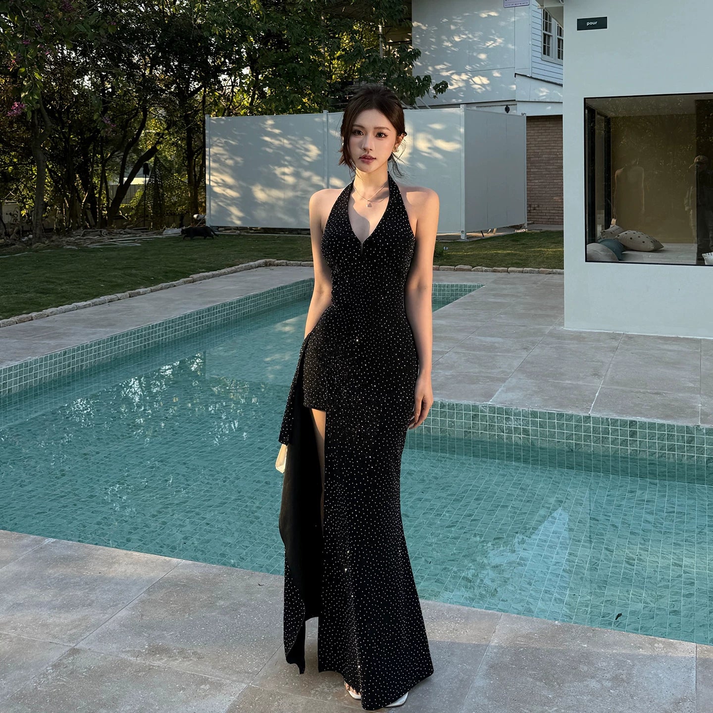 Instunning V-neck Neck Hot Drill Waist Split Dress