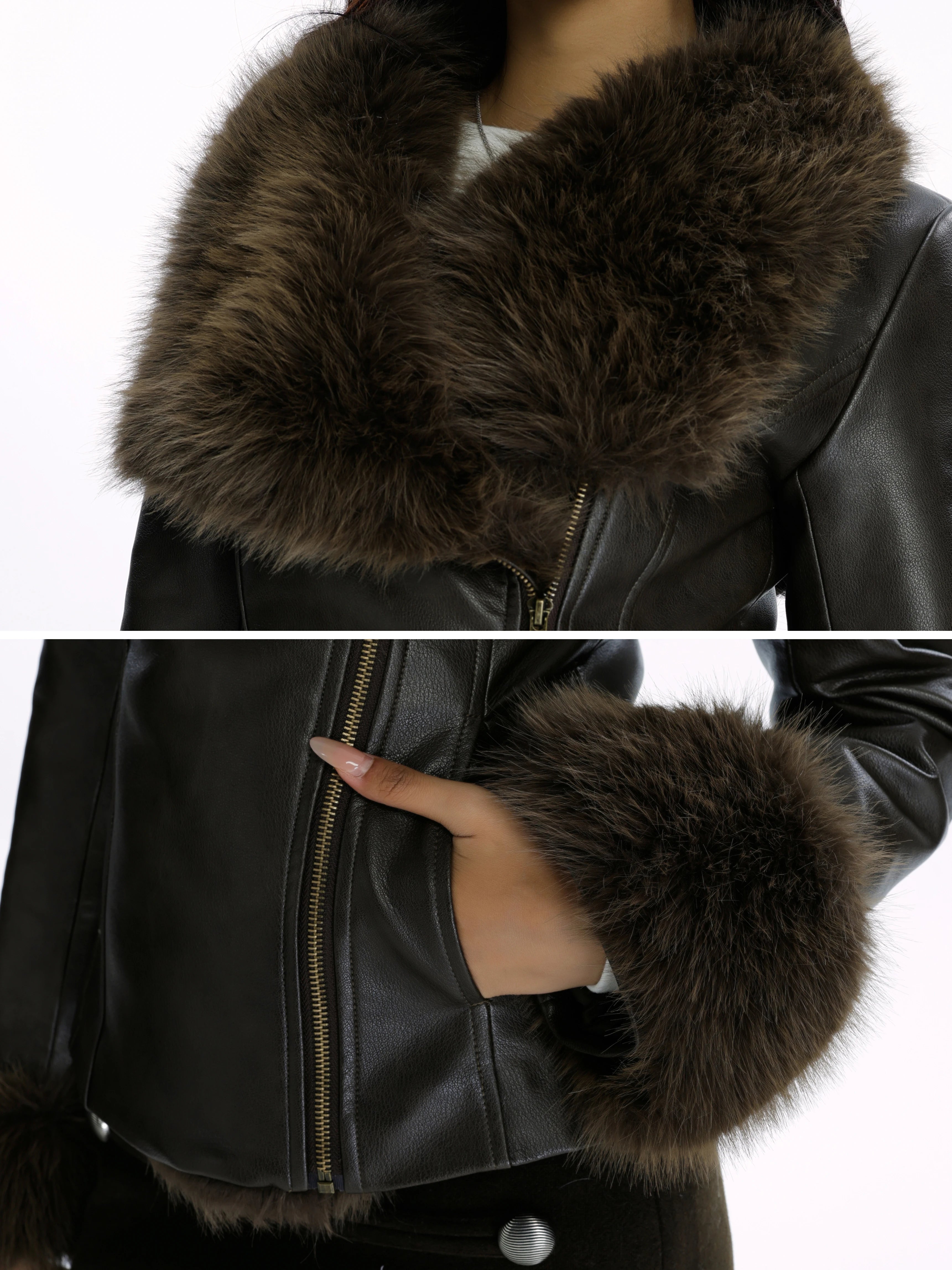 Audwyn Retro Pu Leather Lapel Eco-friendly Fur Coat