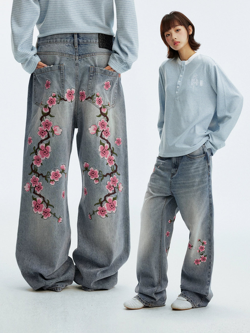 MEDM Sakura Pattern Embroidered Micro-elastic Casual Jeans