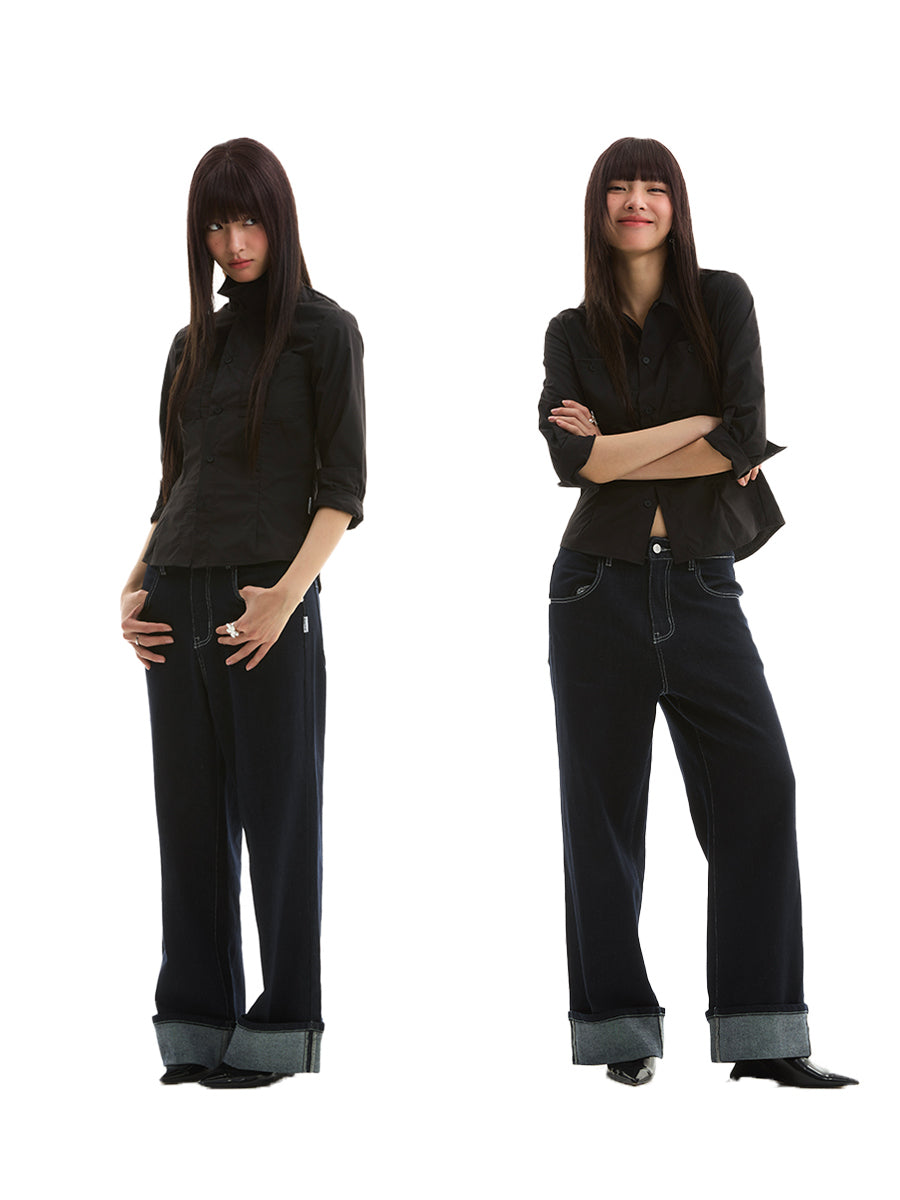 FUNKYFUN 2025SS fold-up pants micro-elastic primary color blue straight jeans