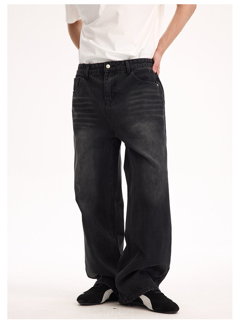 (Clearance) UNF 13.5oz Blockbuster Washed Old Cat Whiskers Baggy Bull Wide Leg Black Jeans