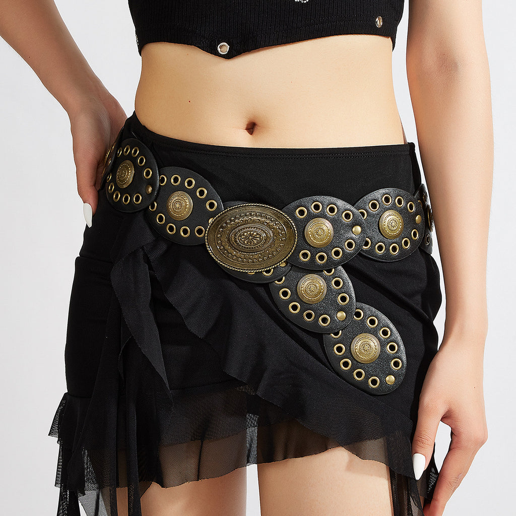 Intertek Ethnic Style Girl Round Cake Splicing Rivet Retro Belt