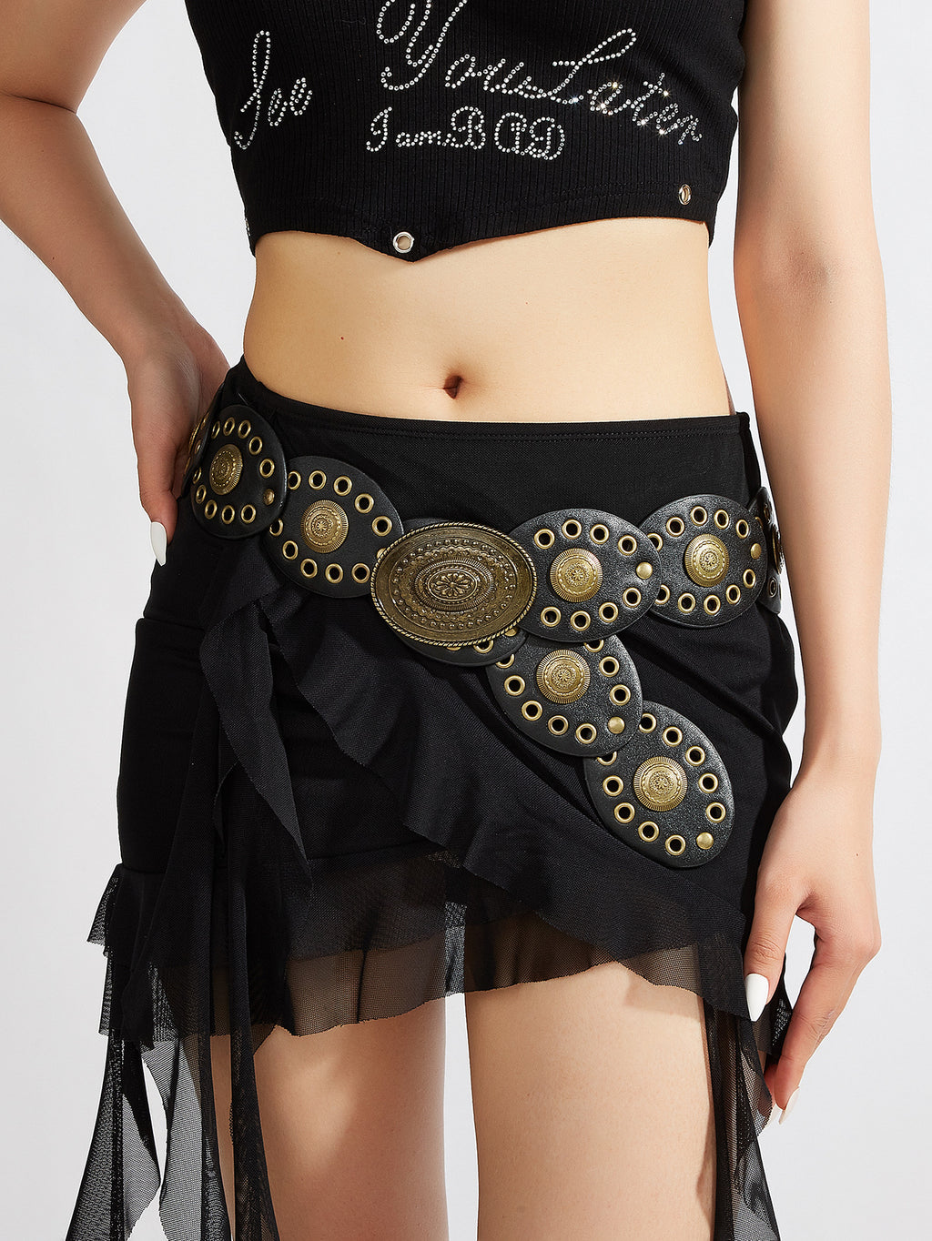 Intertek Ethnic Style Girl Round Cake Splicing Rivet Retro Belt