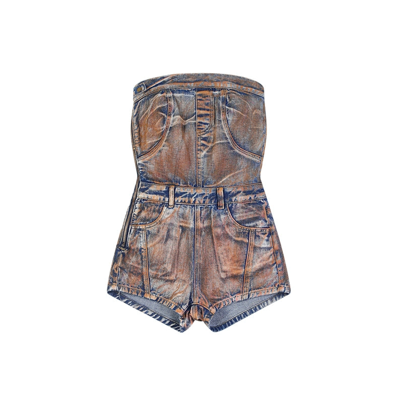 Zero Sleeveless Tube Top Denim Jumpsuit Shorts
