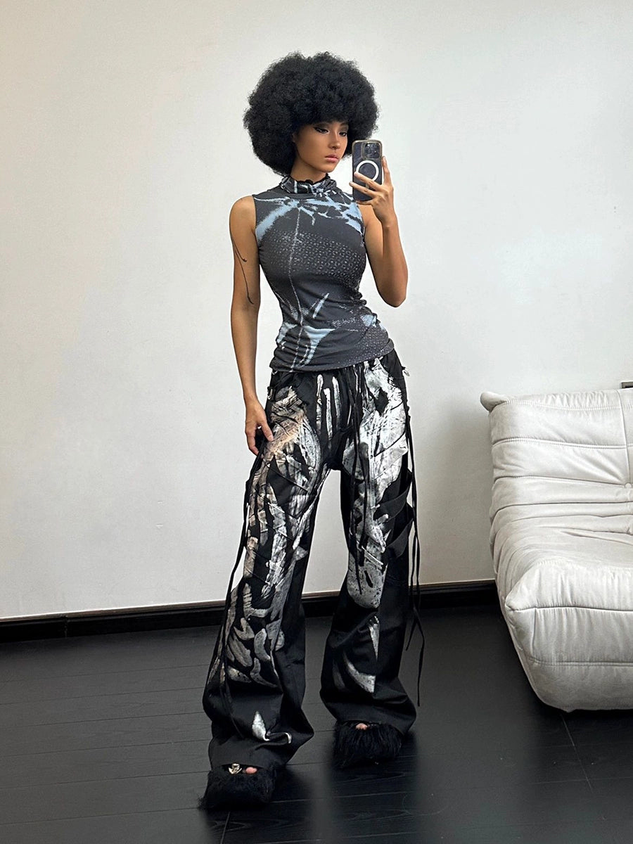 DND4DES Deconstruction Wind Heavy Industry Brush Silver Streamer Drawstring Overalls