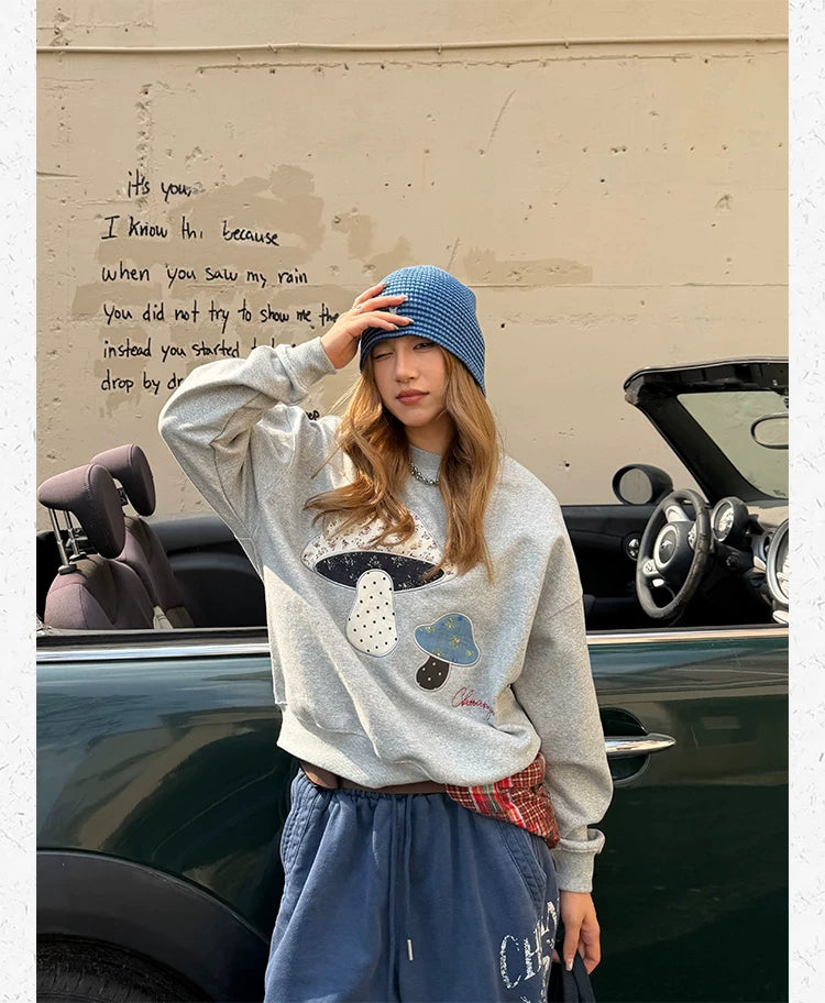 CCYE Mushroom Embroidery Fun Splicing Patch Sweater