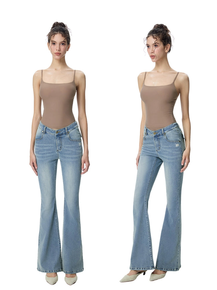ABMY V Waist Slightly Stretched and Thin Denim Flared Pants