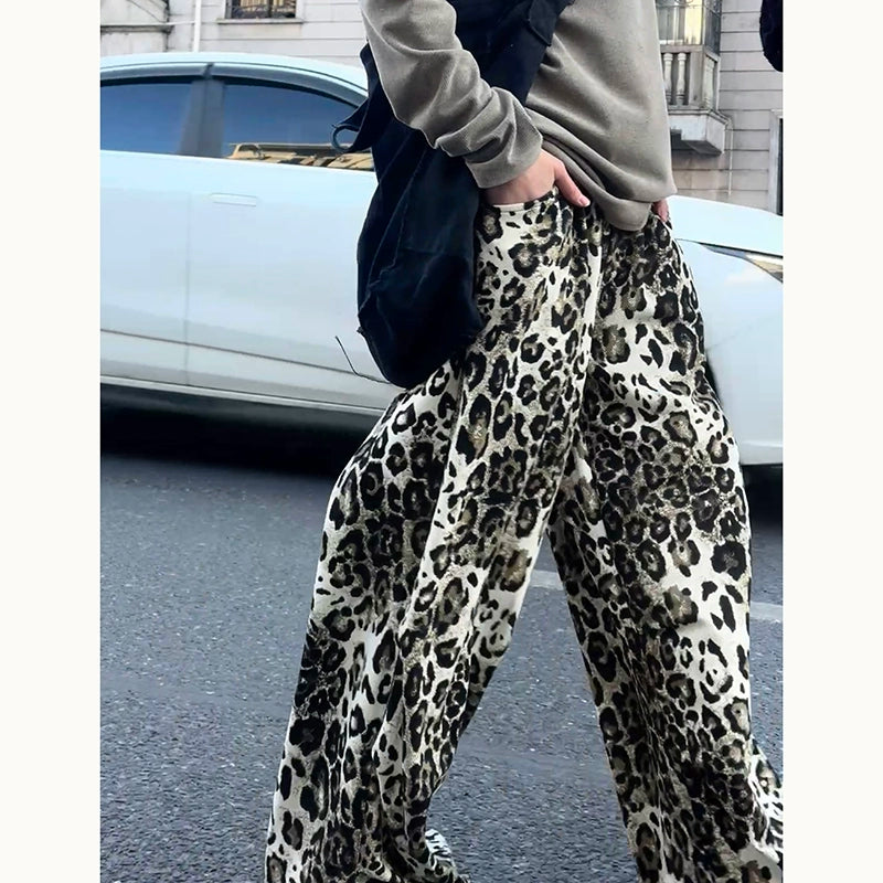 STILLYOU Vintage Rock Leopard Print Straight-pleated Slacks