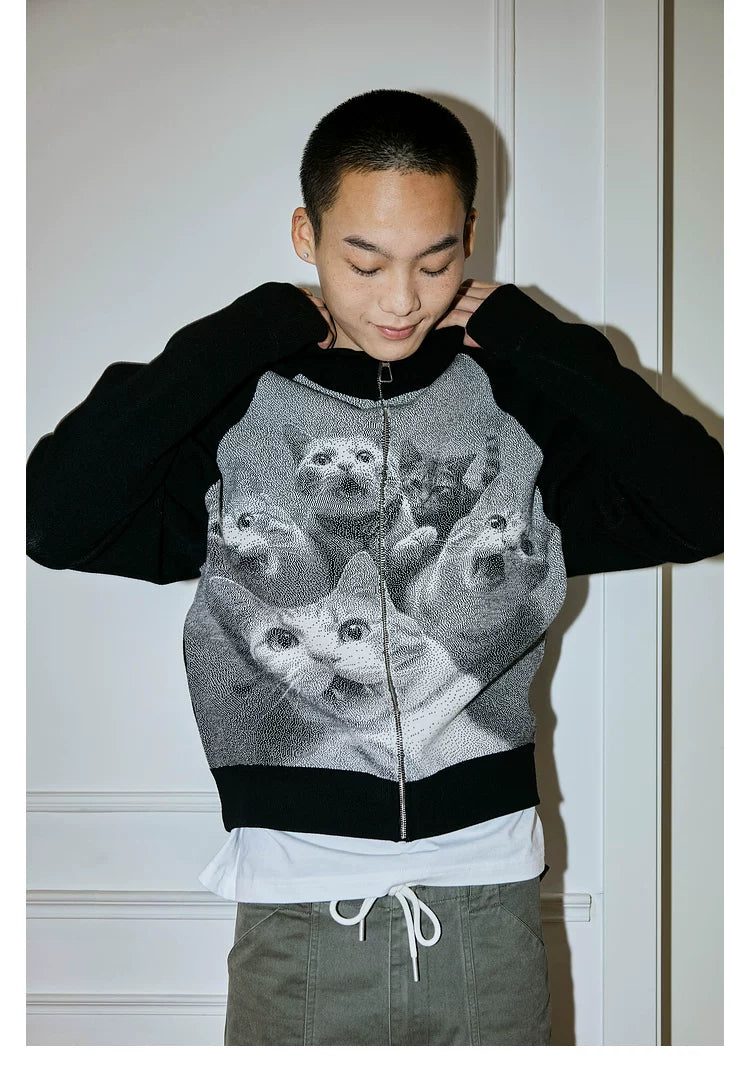 MoodLikeMe Cat Jacquard Ragged Lapel Cardigan Sweater