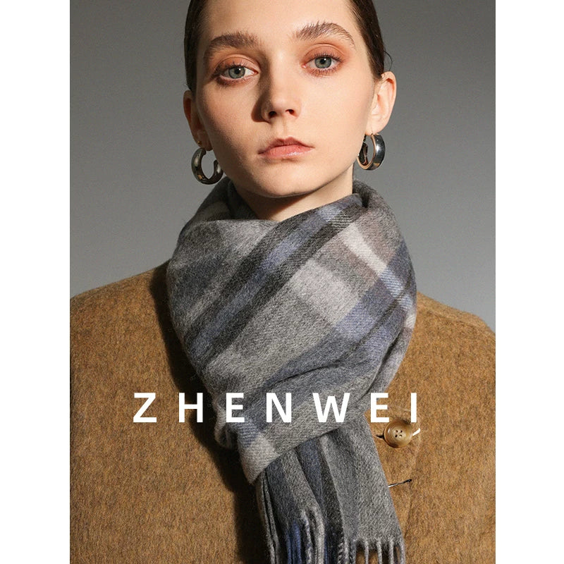 ZHENWEI 100% Wool Plaid Scarf