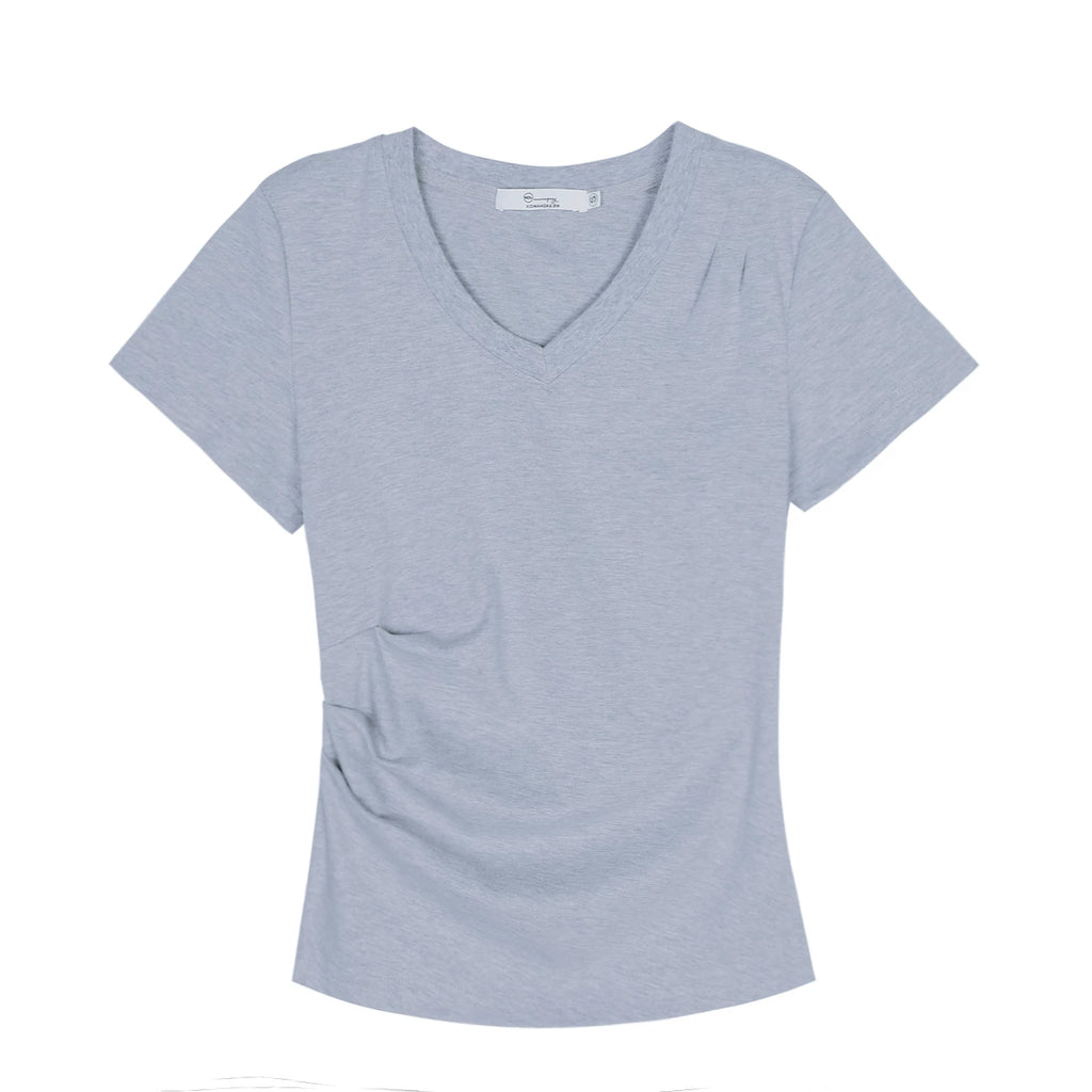 XUJING Pleated Front Shoulder Slim and Thin Tee