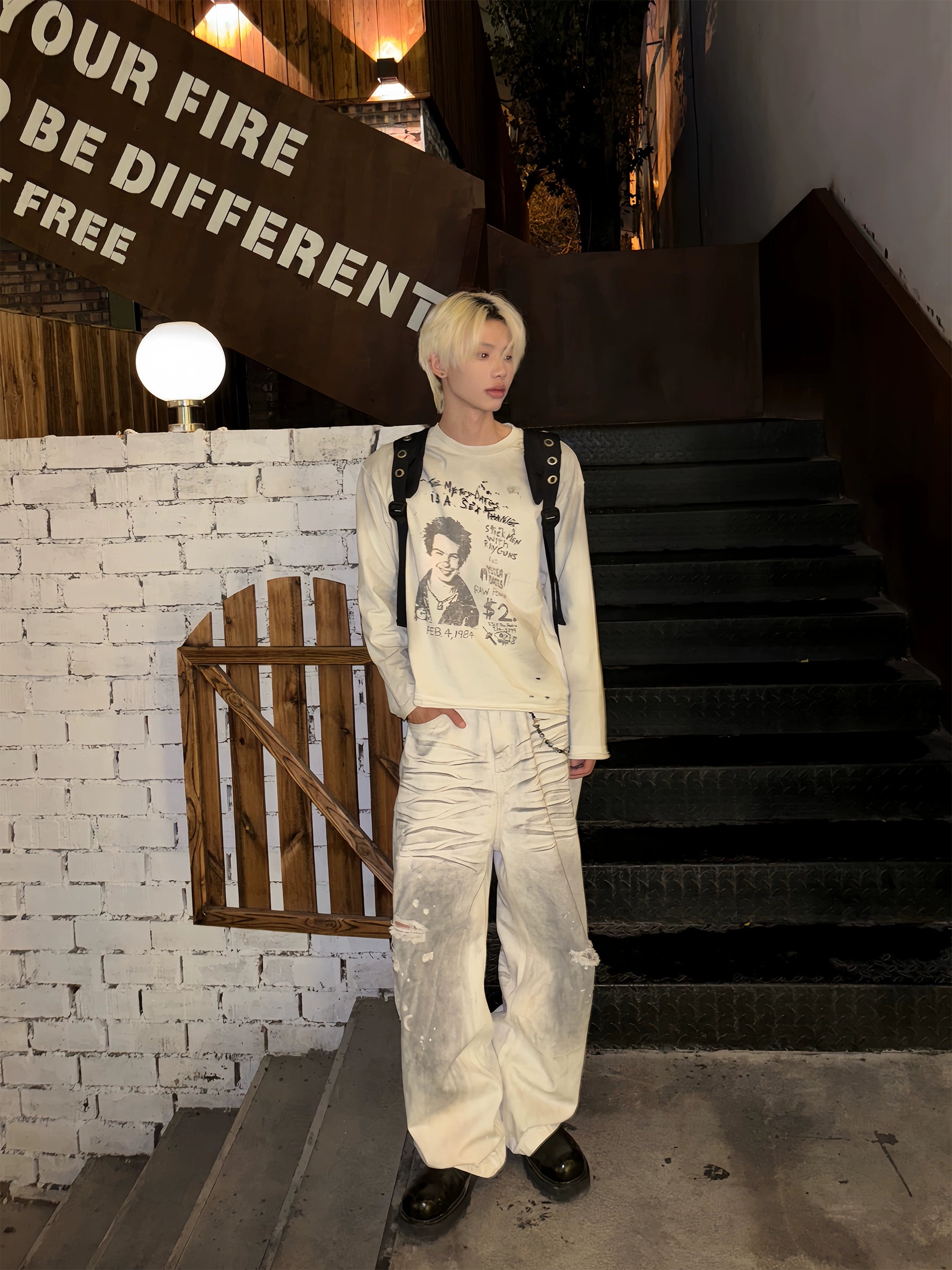 Erole Dirty Dye Old Damage Embroidery Print Long Sleeve