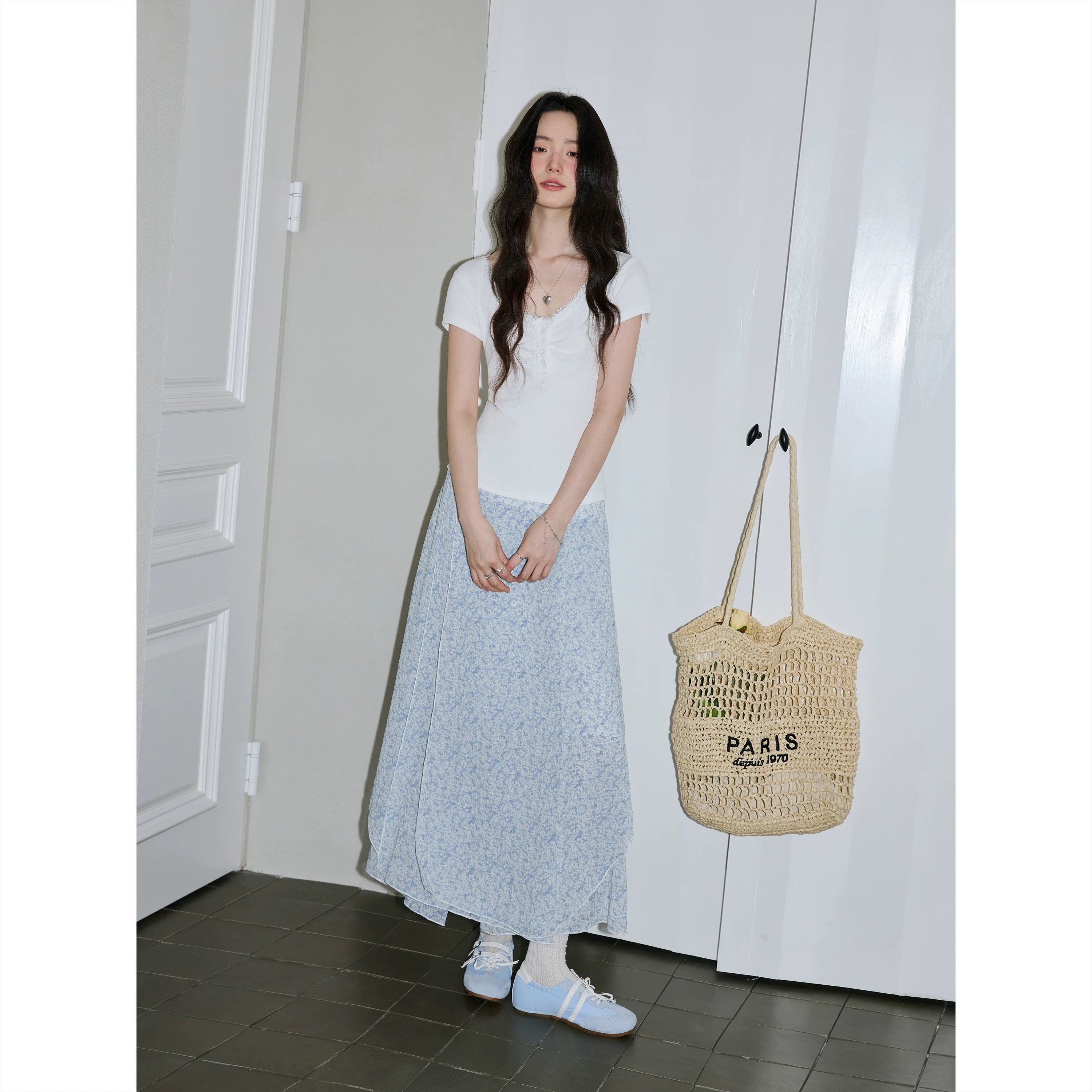 XUJING Floral Irregular Drape Thin Skirt