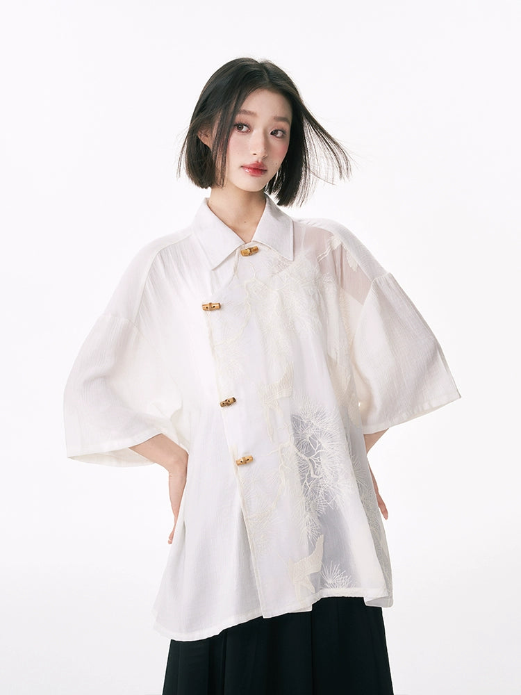 YEDM Crane Embroidered Spliced Bamboo Button Shirt