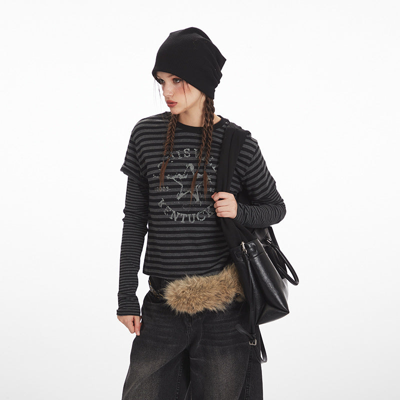 Nariele Vintage Striped Fake Two Piece Short Long Sleeve