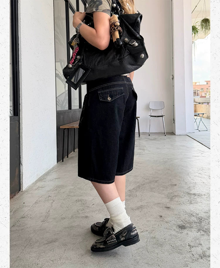 CCYE Wide-leg Denim Seven-point Knee Shorts