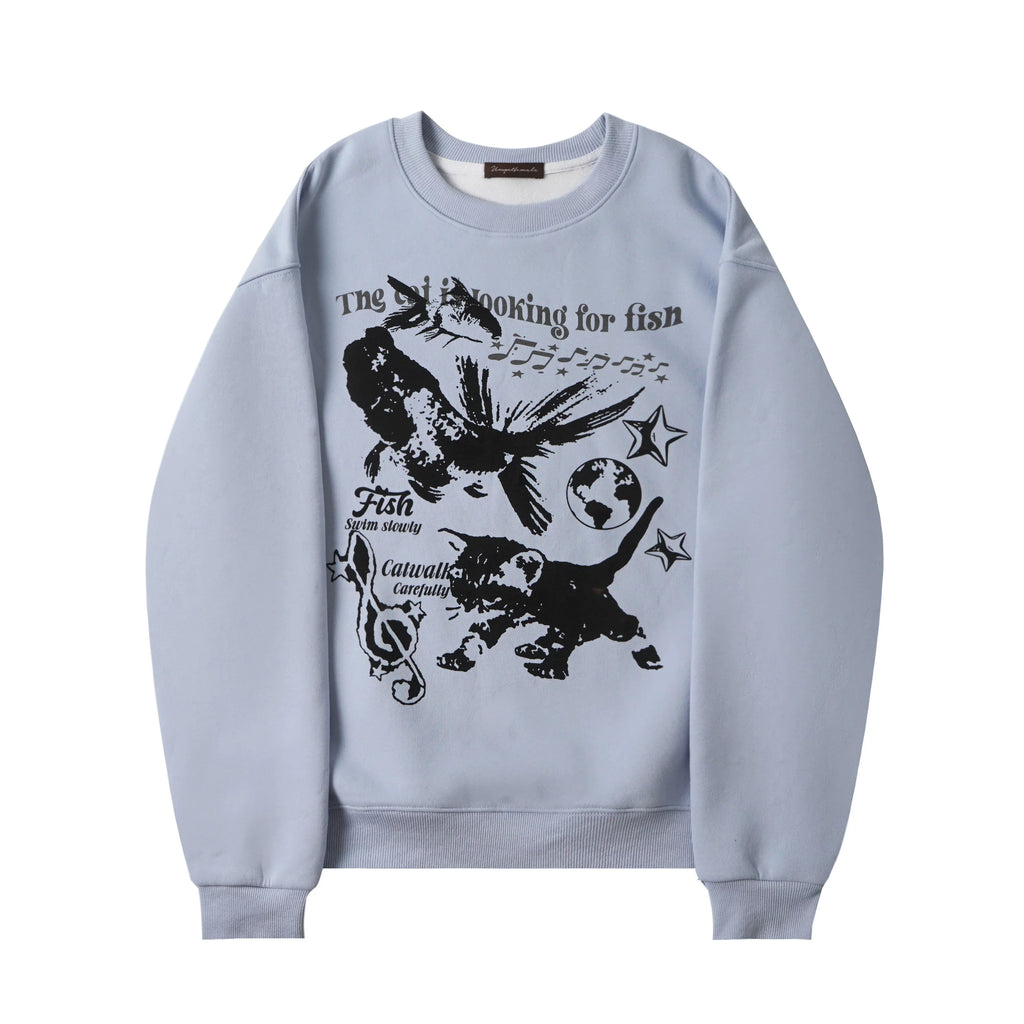 Zuocisankon Retro Cat Print Crew Neck Fleece Sweater