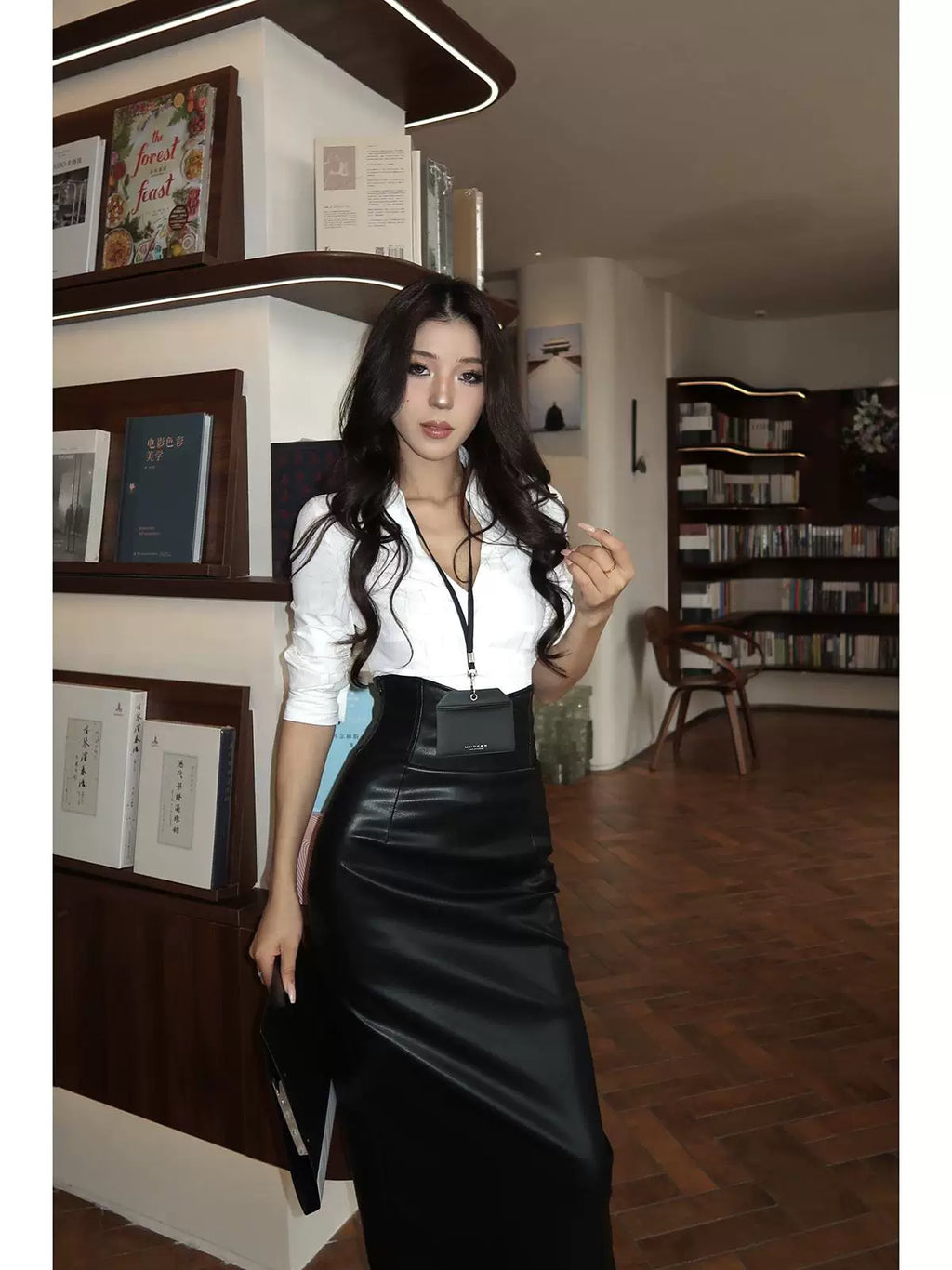 LLROGE Long-sleeved Shirt Leather Skirt Set