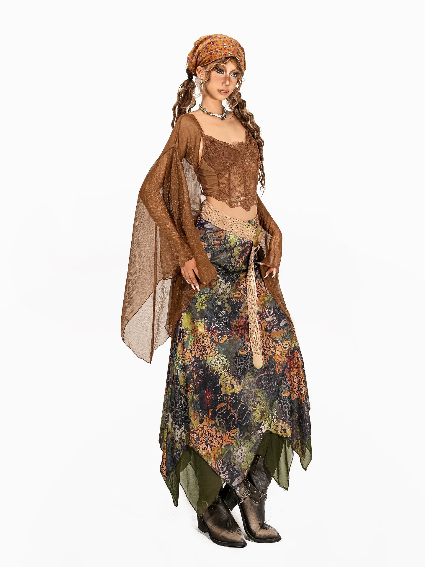 Arielink Vintage Mesh Shawl Blouse Lace Splicing Fishbone Sling