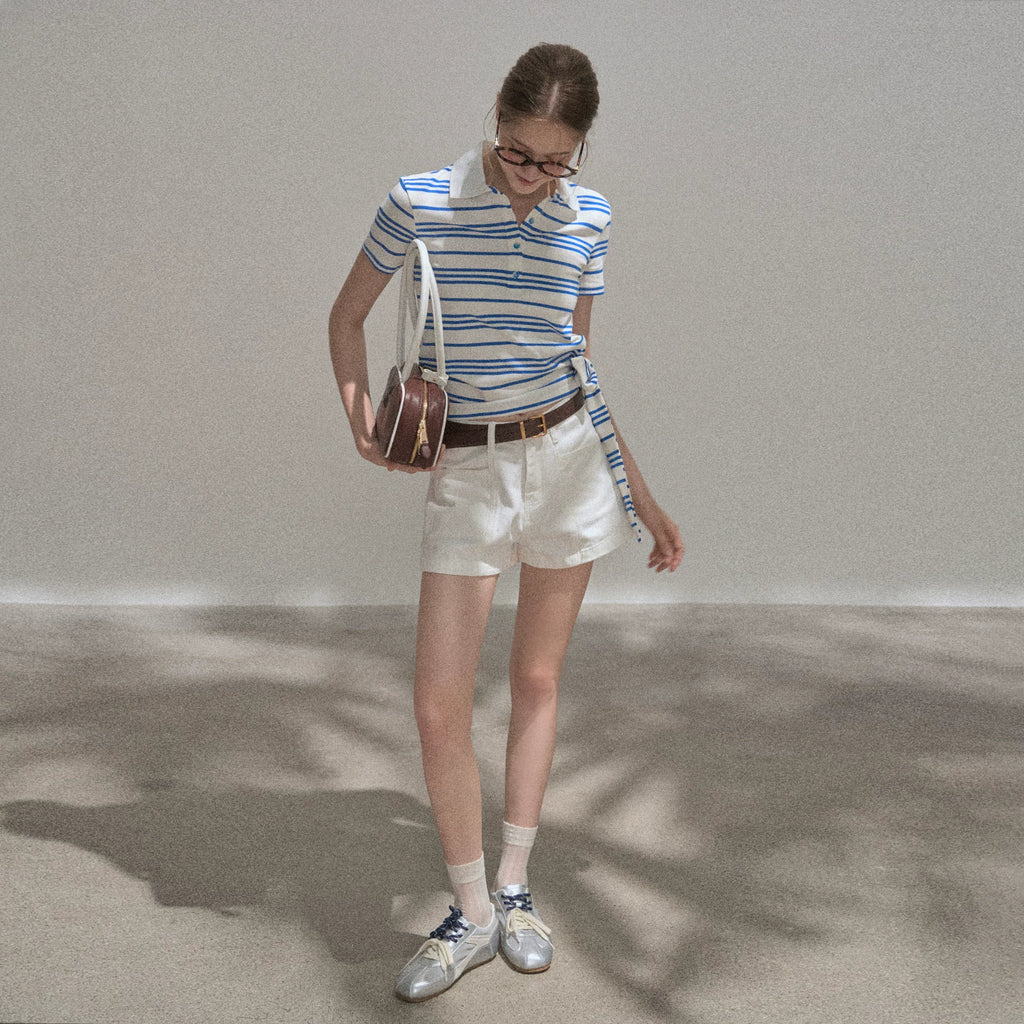 XUJING Waist Front Shoulder Striped Polo Shirt Tee