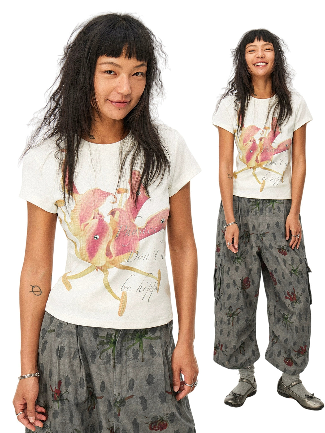 PHYS Floral Print Micro-closure Front Shoulder Short-sleeved T-shirt Tee