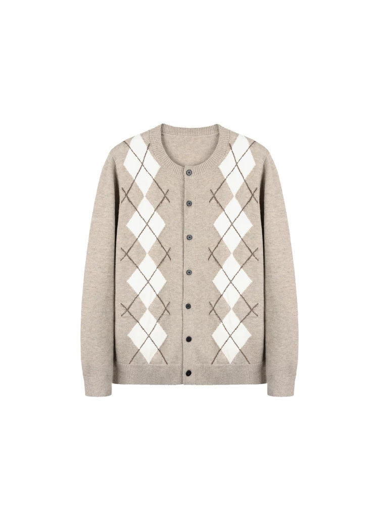 NewDecay Rhombus Knitted Button-down Long-sleeved Cardigan