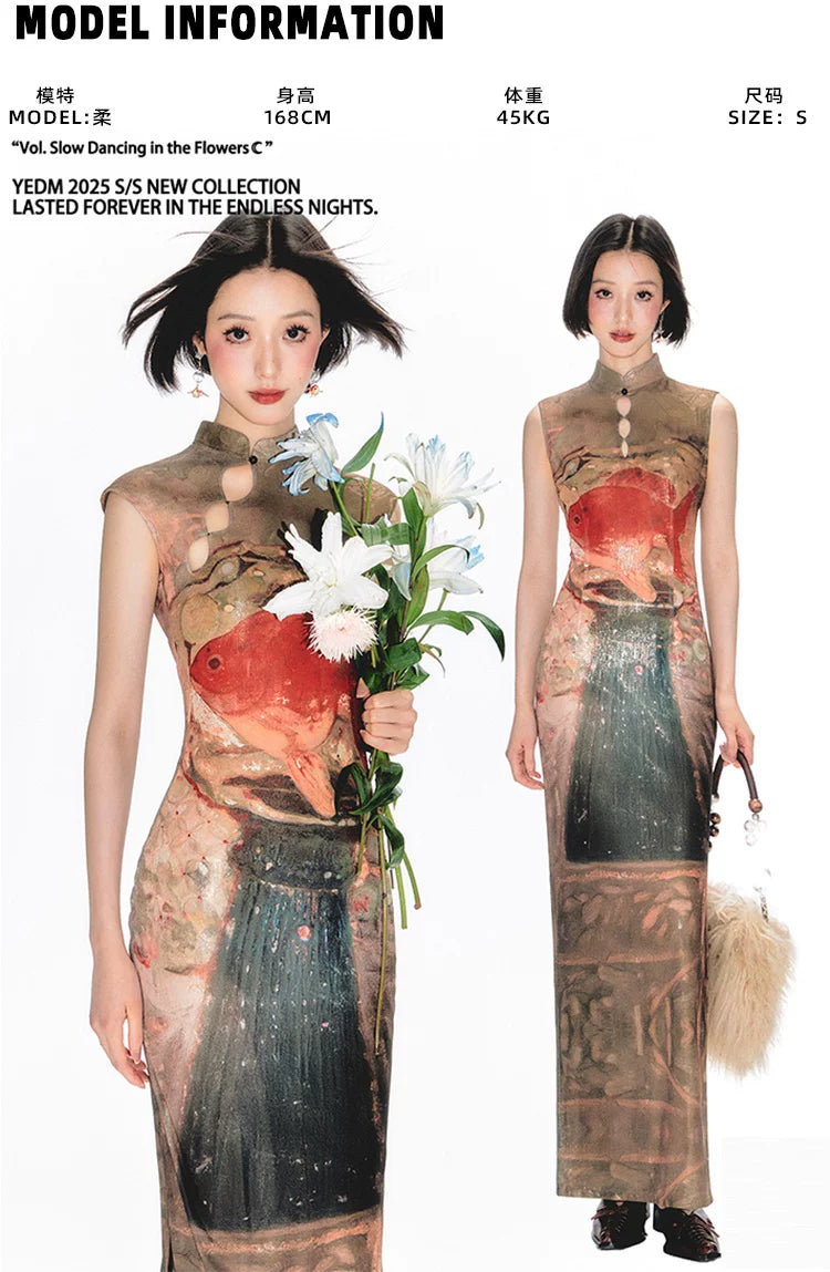 YEDM Goldfish Print Long Cheongsam Dress