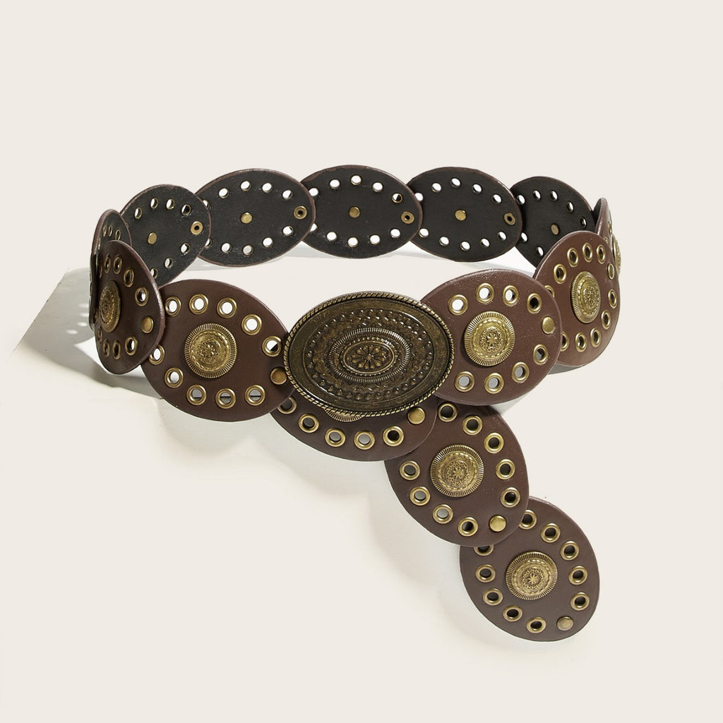 Intertek Ethnic Style Girl Round Cake Splicing Rivet Retro Belt