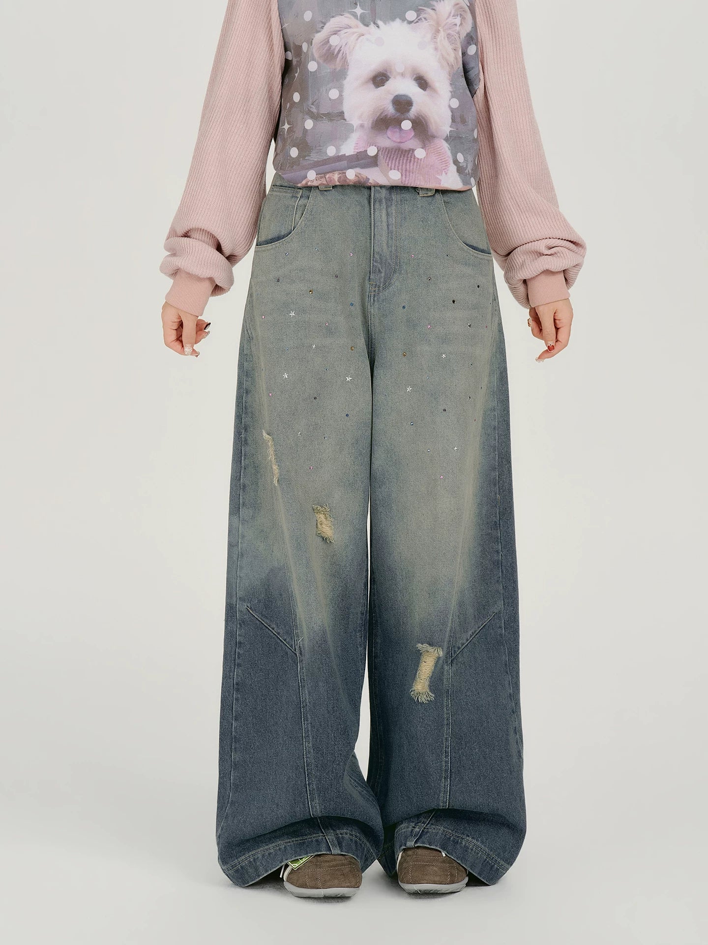 Girlyhalo Vintage Hot Diamond Make Old Wide Leg Jeans