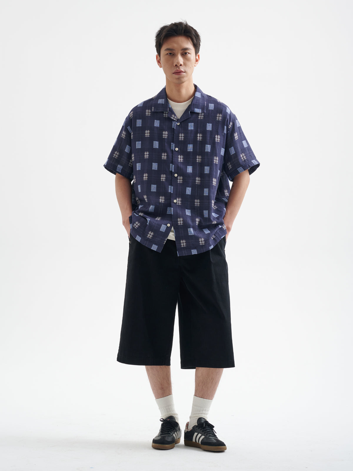 BUTTBILL 25SS Japanese vintage double-layer yarn plaid Cuban collar Short