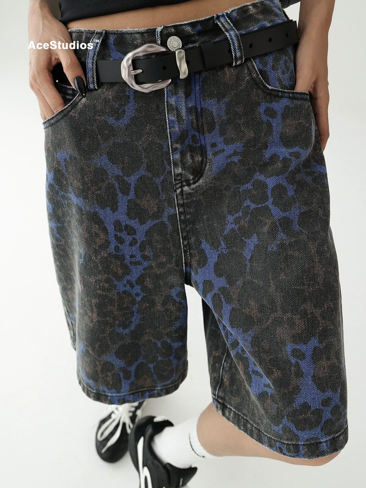 Acestudios Vintage Loose Straight Wide Leopard Denim Five-Point Shorts