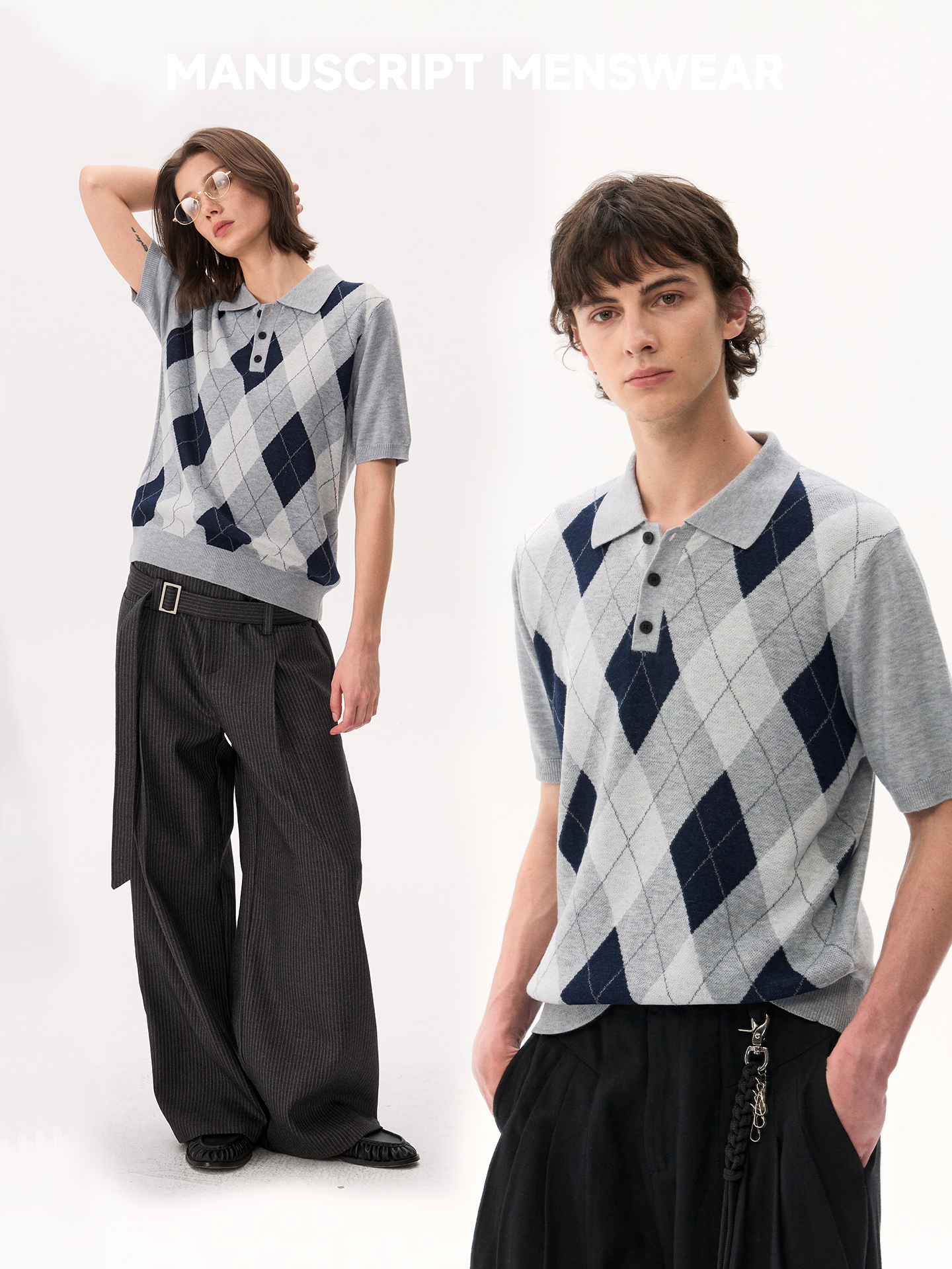 MANUSCRIPT Casual Front Shoulder Plaid Lapel Tee