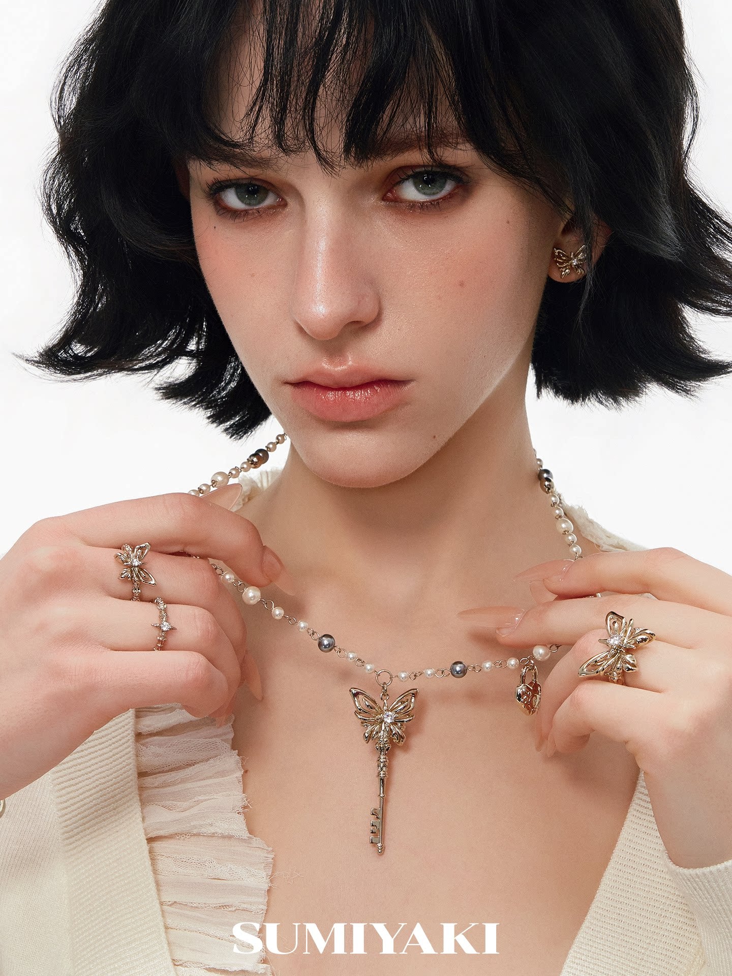 Sumiyaki Pearl Butterfly Layered Long Necklace